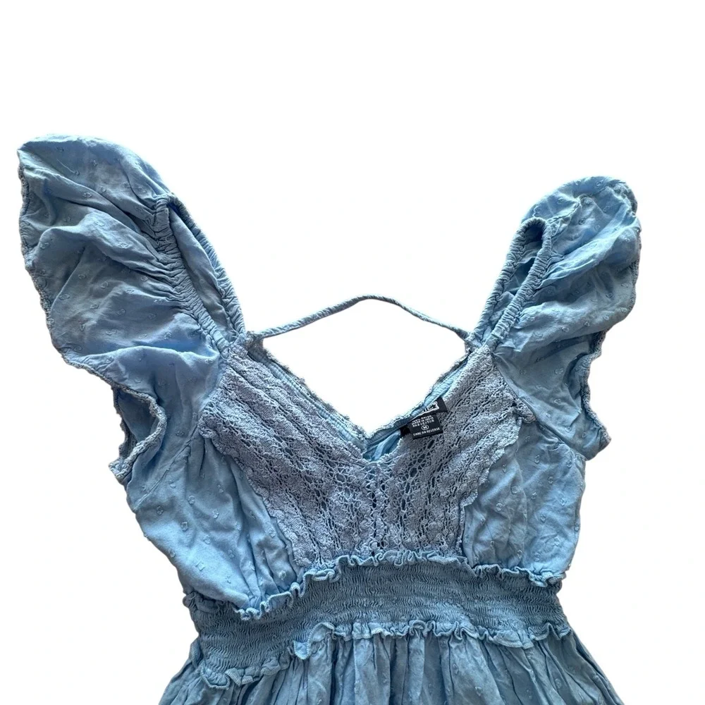 Y2K Angie Mini Dress Womens M Blue Swiss Dot Smocked Waist Lace Trim Boho Whimsy - Picture 4 of 9